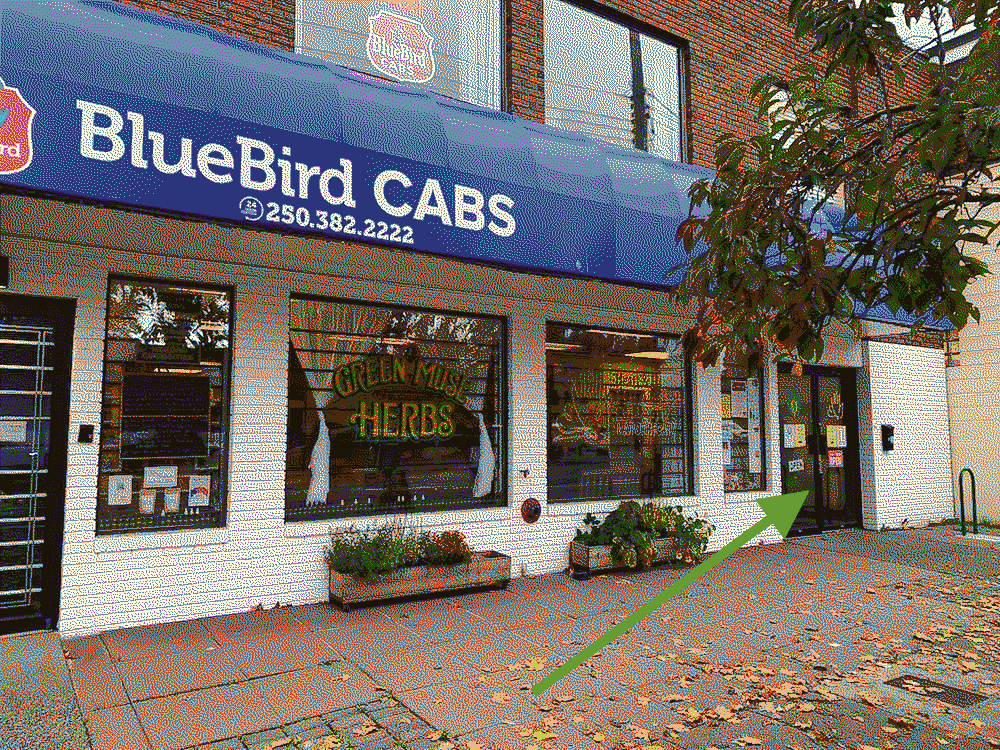 the front entrance of Green Muse Herbs, beneath a blue awning with Blue Bird Cabs written on it
