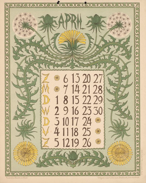 an elaborately illustrated, green, yellow, and white calendar page for the month of April, inspired by dandelions